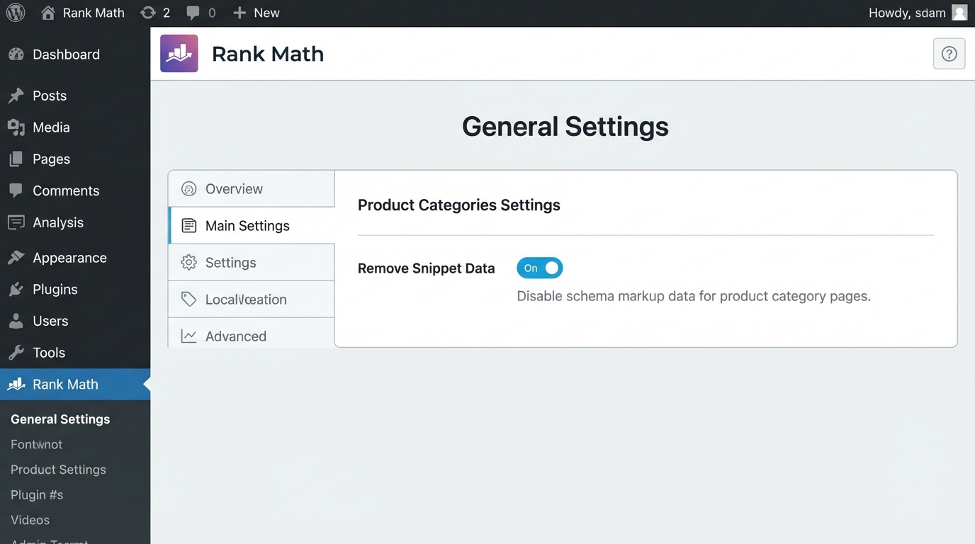 Giao diện cài đặt Rank Math với tùy chọn Remove Snippet Data được bật