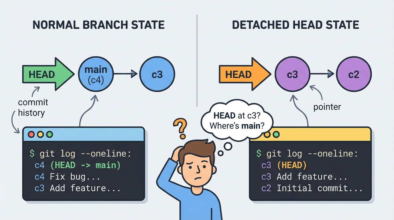 Sơ đồ trạng thái Detached HEAD trong Git so với trạng thái bình thường