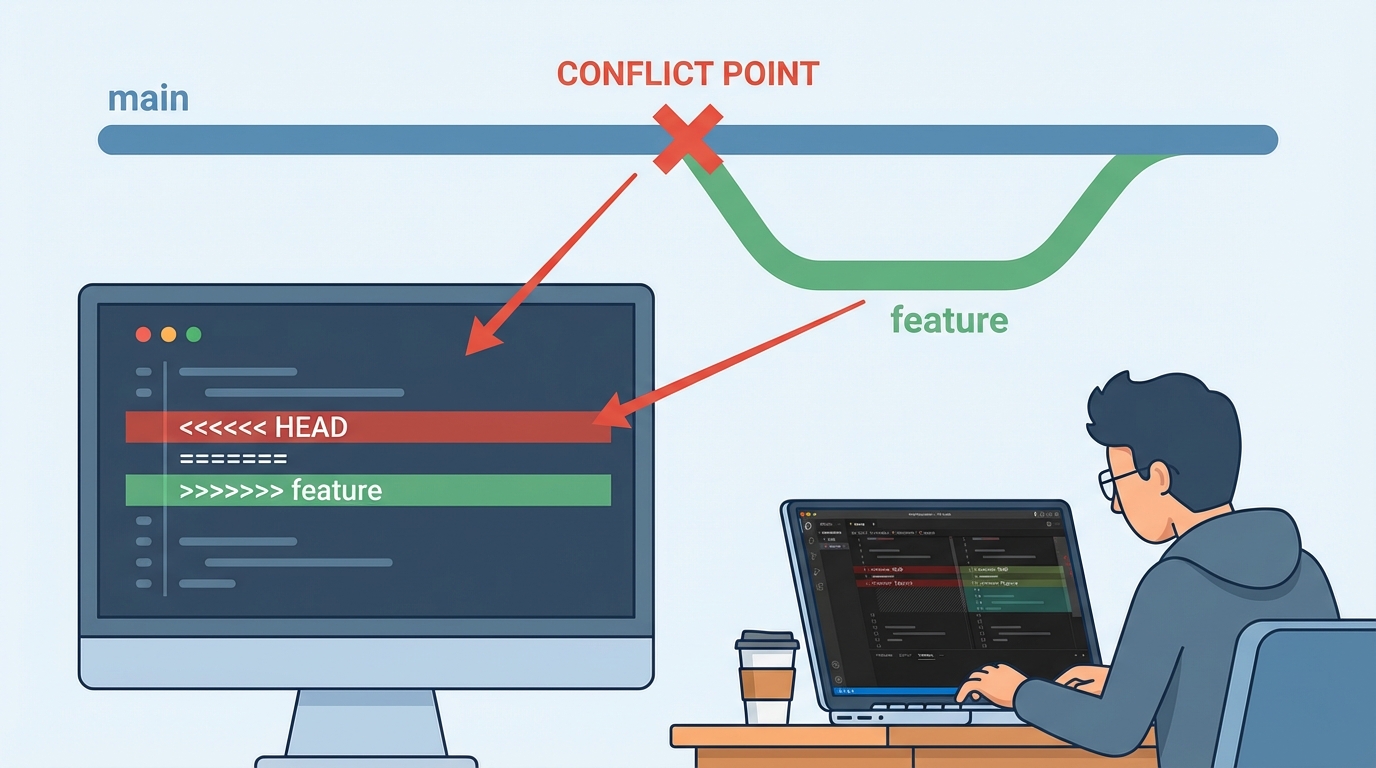 Sơ đồ merge conflict trong Git khi hai nhánh thay đổi cùng một dòng