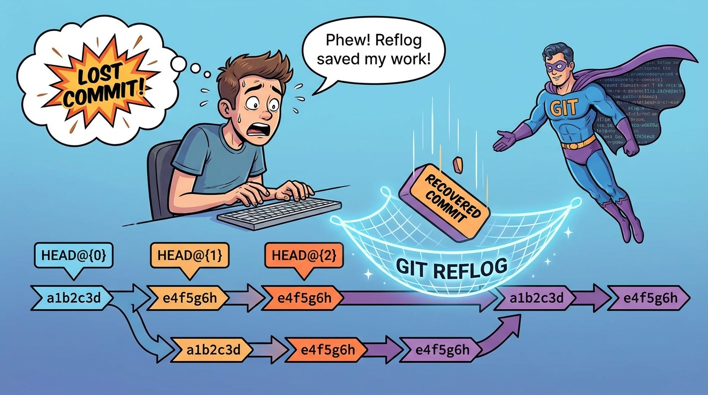 Sơ đồ git reflog hoạt động như bảo hiểm khôi phục commit đã mất