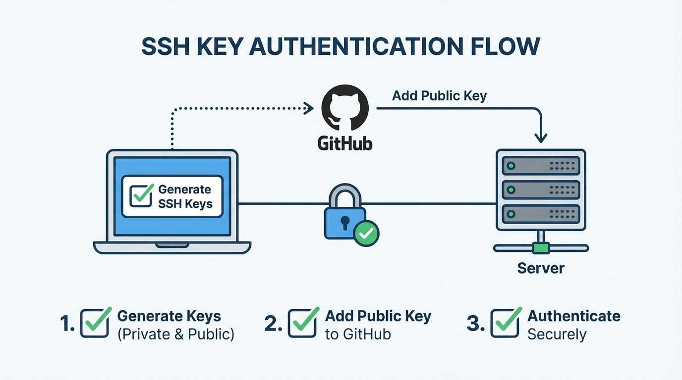 Sơ đồ xác thực SSH key với GitHub và các bước kiểm tra