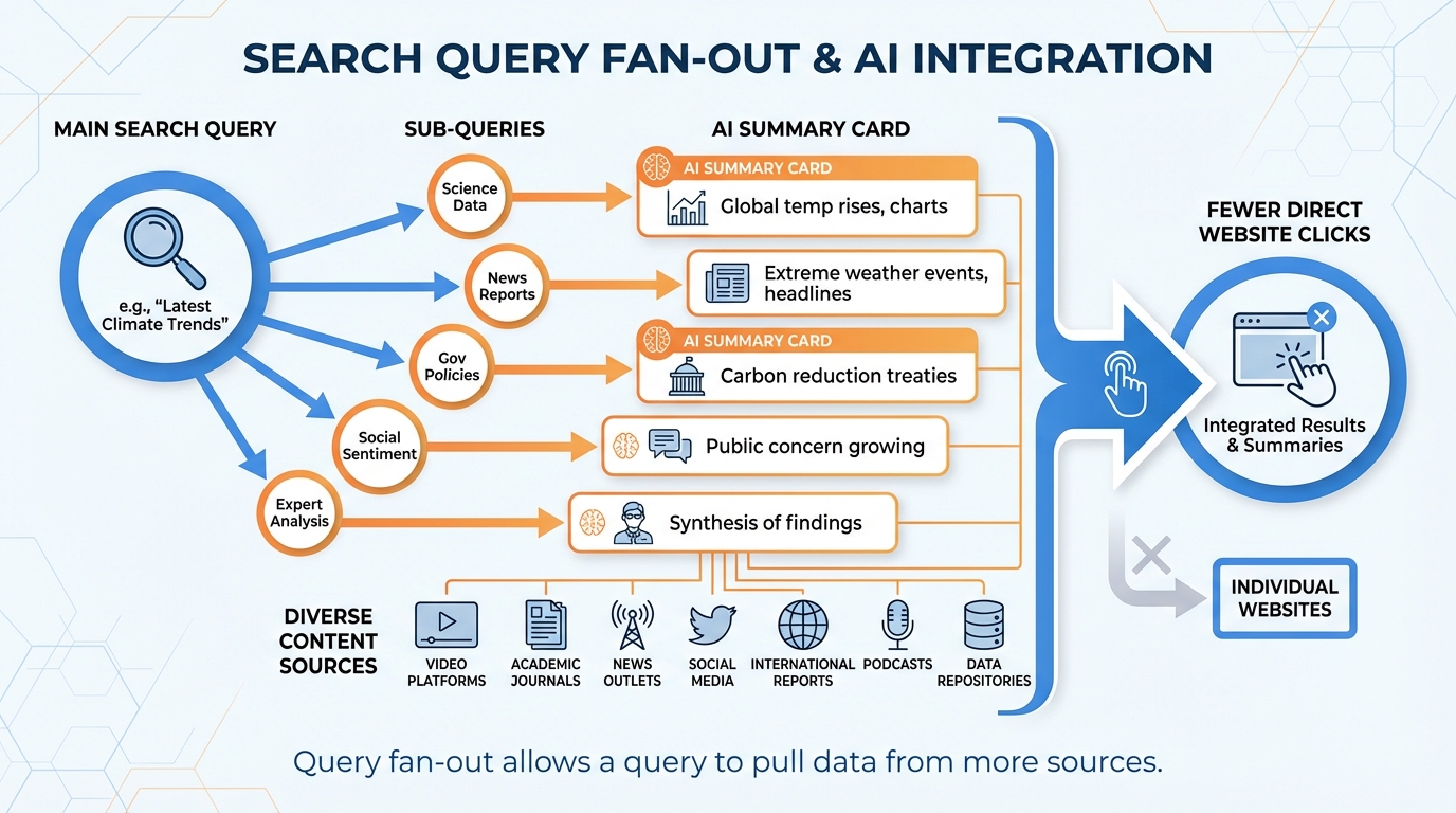 Sơ đồ query fan-out trong Zero-click Search 2026