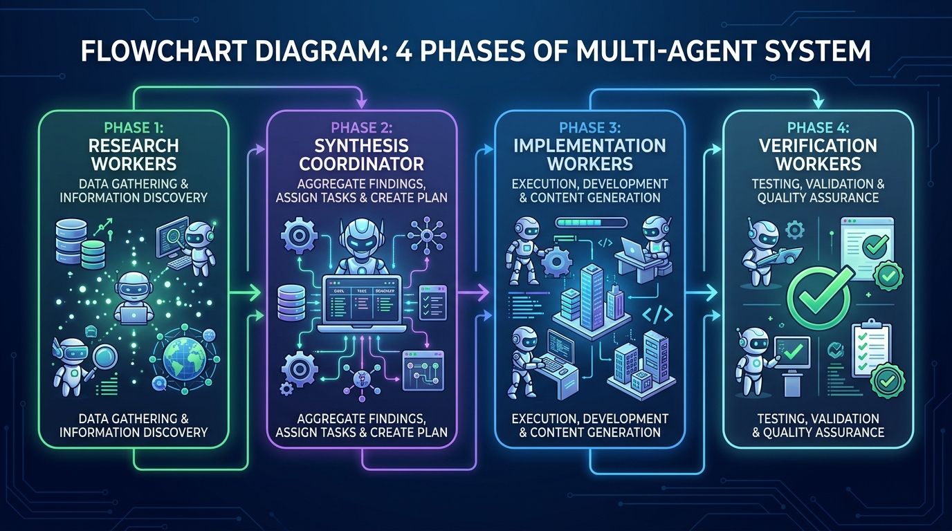 Sơ đồ 4 phases của multi-agent orchestration
