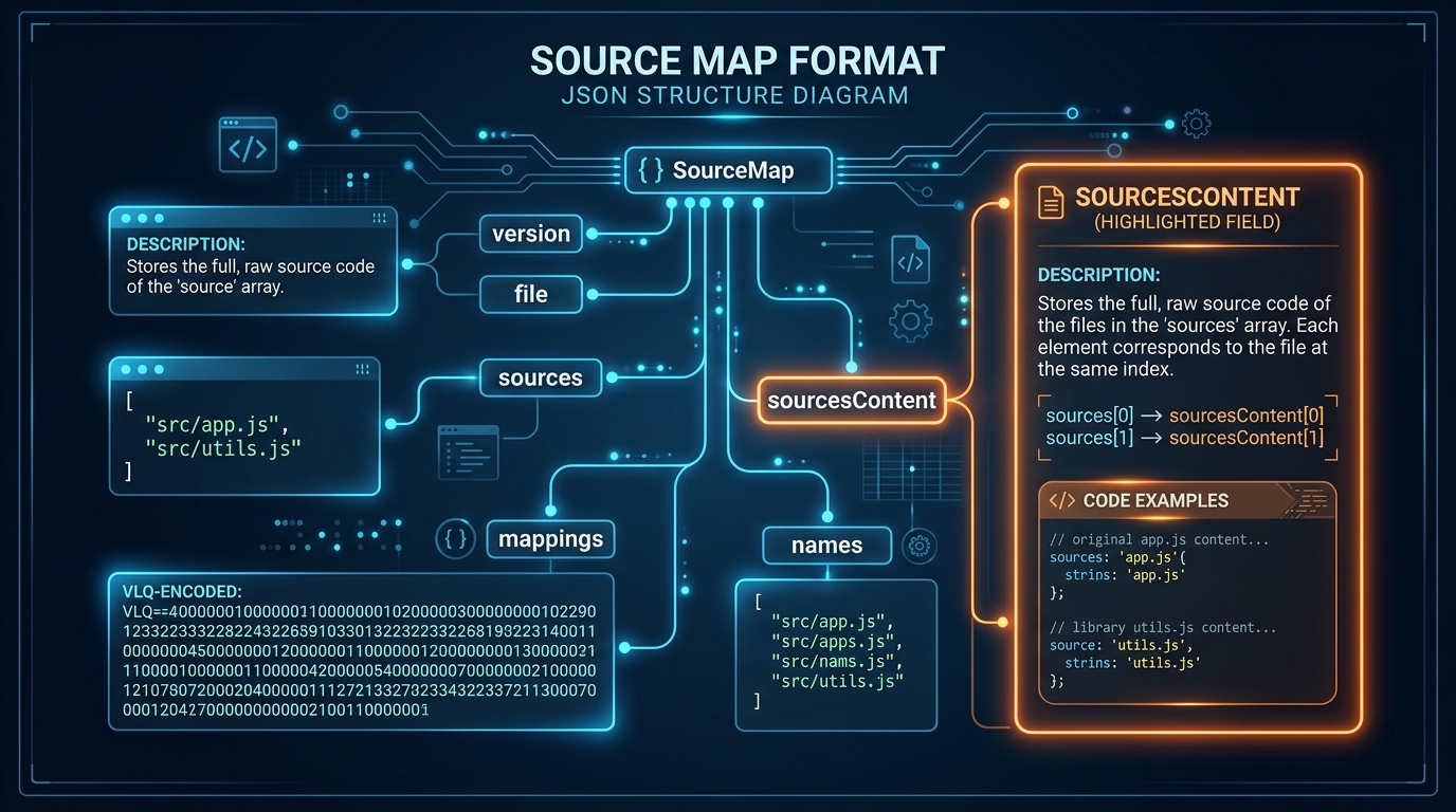 Cấu trúc file sourcemap JSON chứa sourcesContent