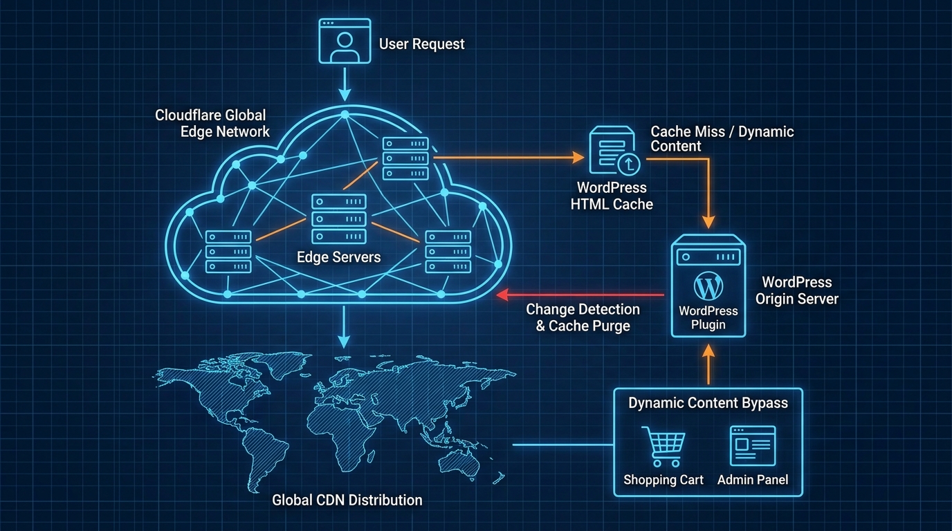 Sơ đồ kiến trúc Cloudflare APO cho WordPress