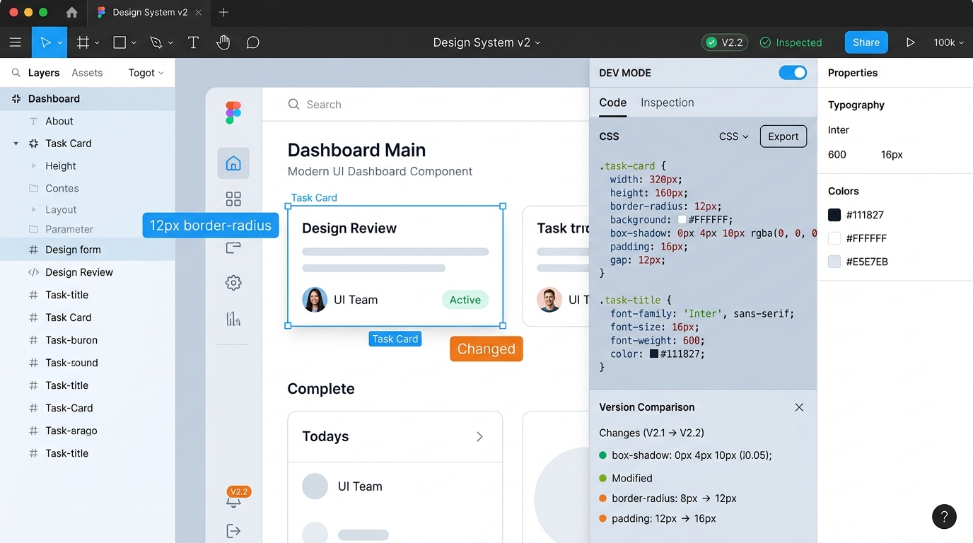 Figma Dev Mode interface và tính năng handoff