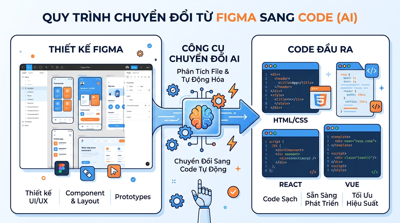 Sơ đồ quy trình Figma to Code workflow từ design sang code frontend