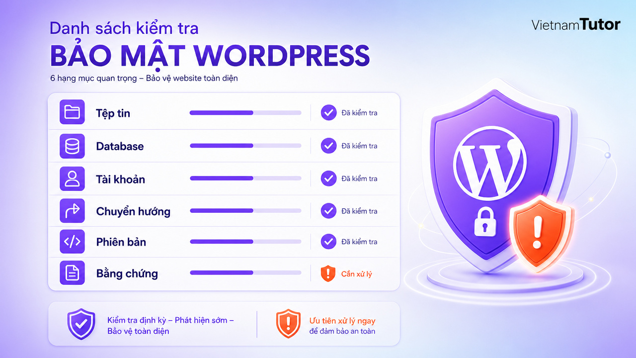 Checklist scan malware WordPress kiểm tra file database admin và redirect