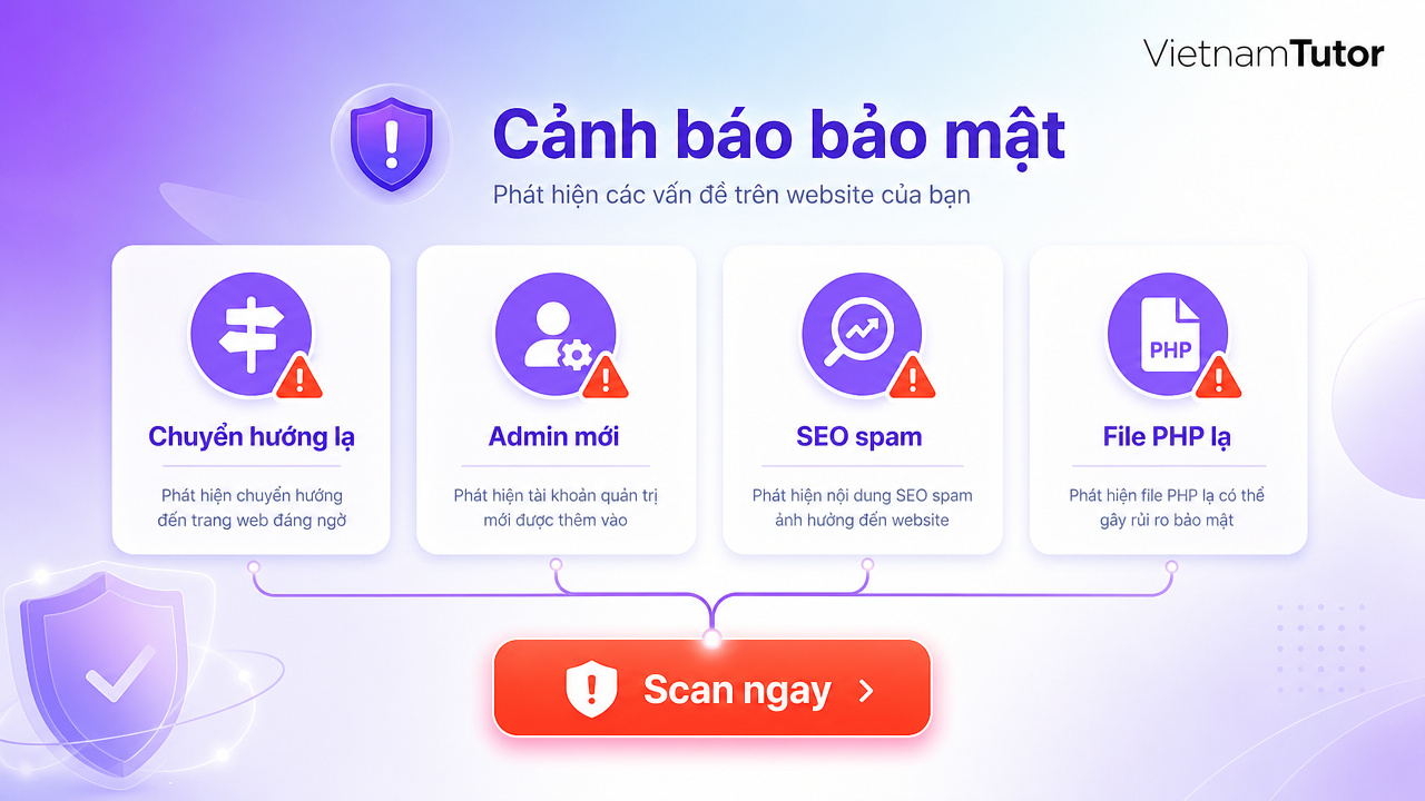 Dấu hiệu cần scan malware WordPress gồm redirect admin lạ và SEO spam