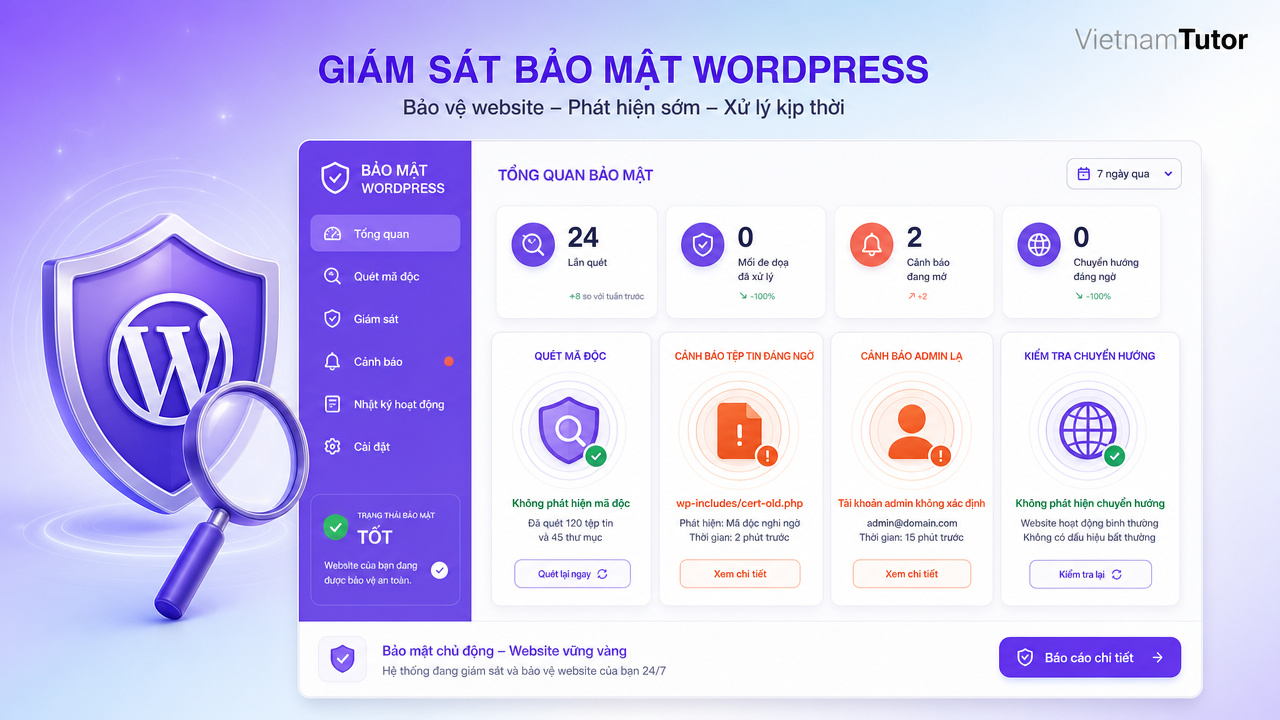 Scan malware WordPress và monitoring phát hiện sớm mã độc website