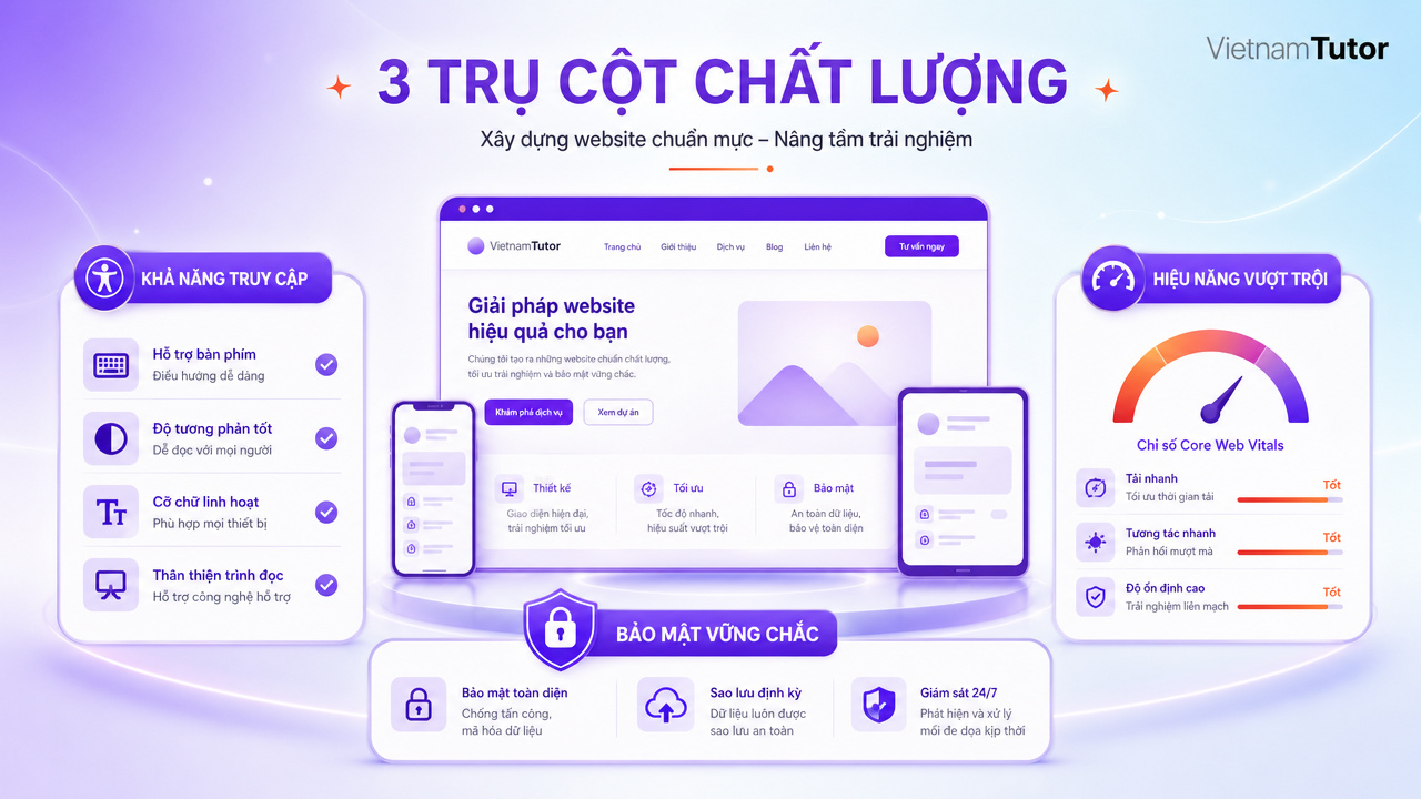 Ba trụ cột chất lượng của thiết kế website trọn gói gồm accessibility tốc độ và bảo mật