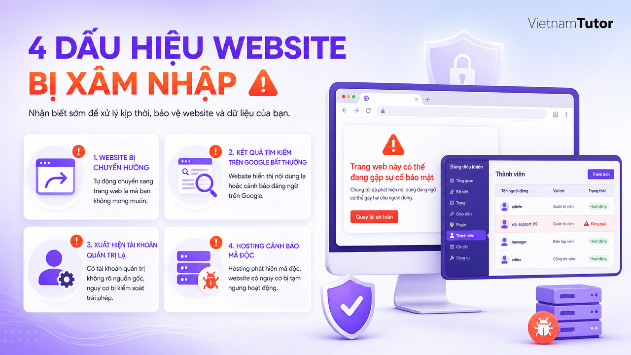 Dấu hiệu website bị hack gồm redirect lạ, SEO spam và admin trái phép