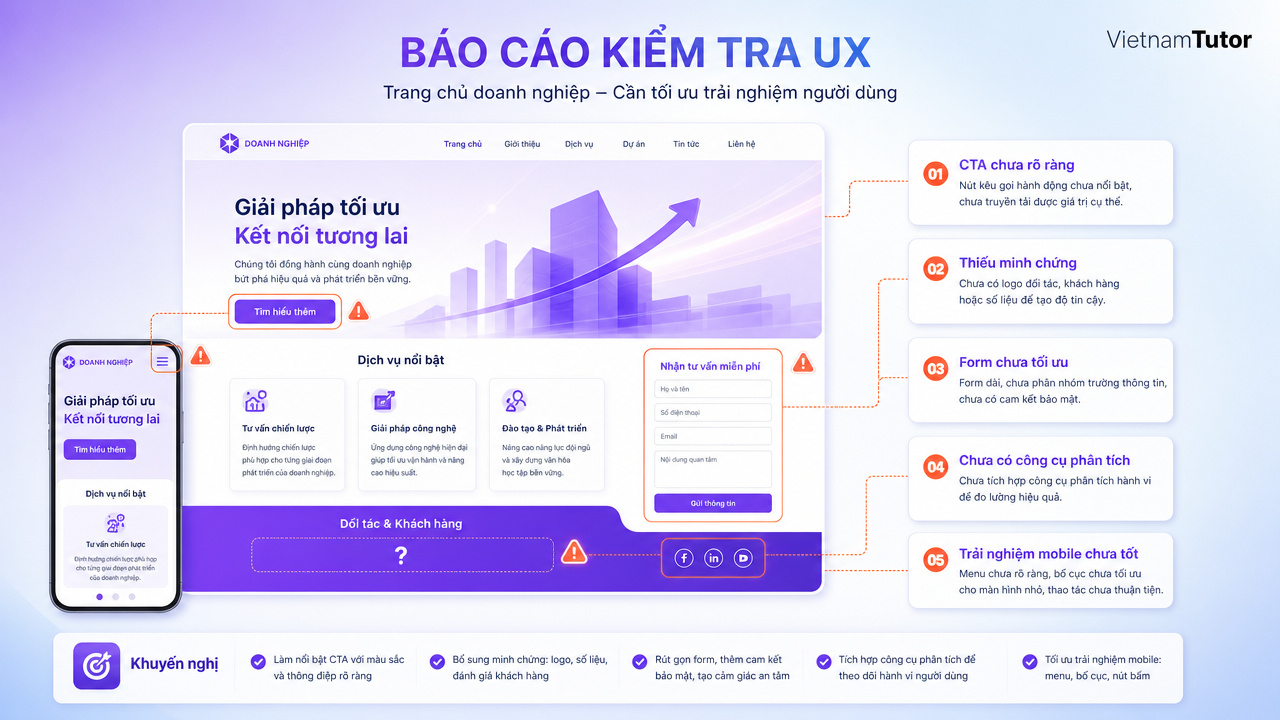 Website doanh nghiệp đẹp nhưng thiếu CTA tracking và bằng chứng tin cậy