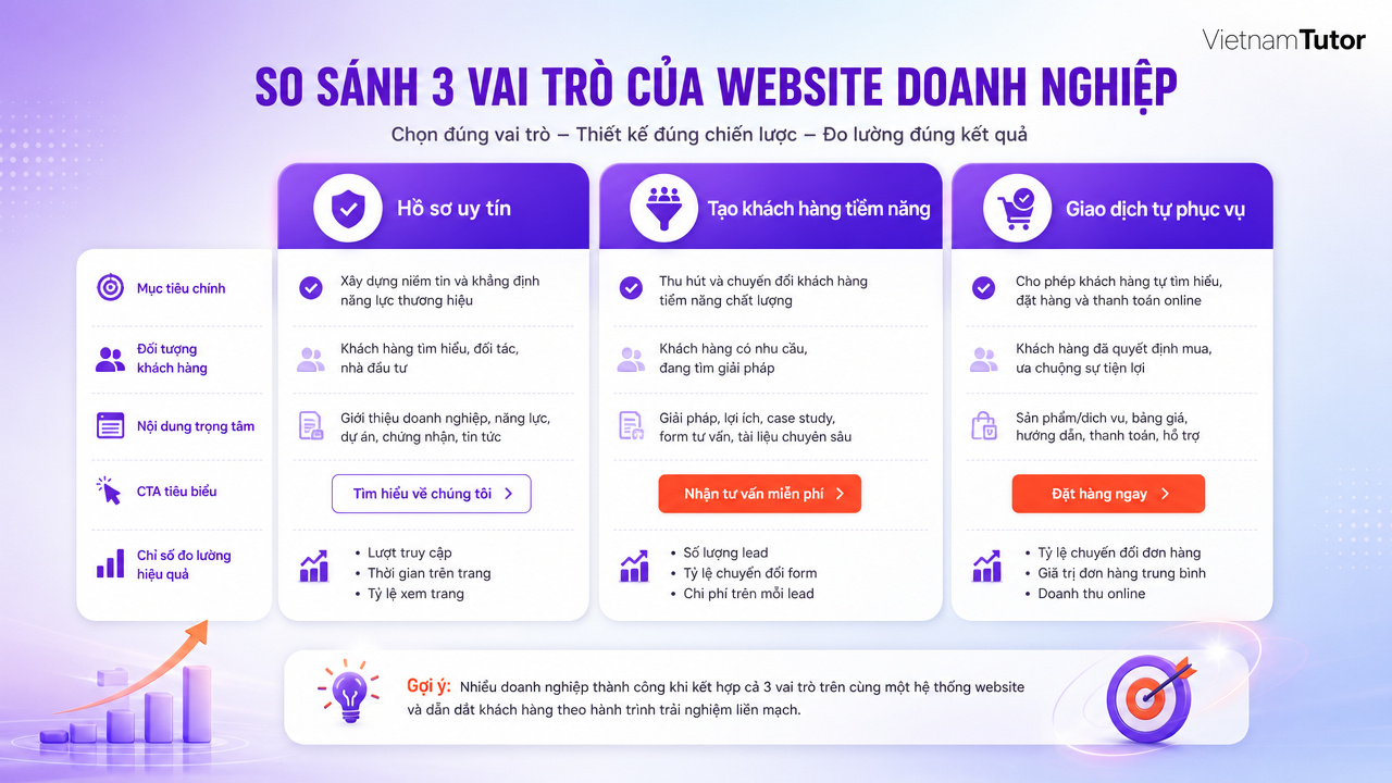 So sánh ba vai trò website doanh nghiệp hồ sơ năng lực tạo lead và giao dịch