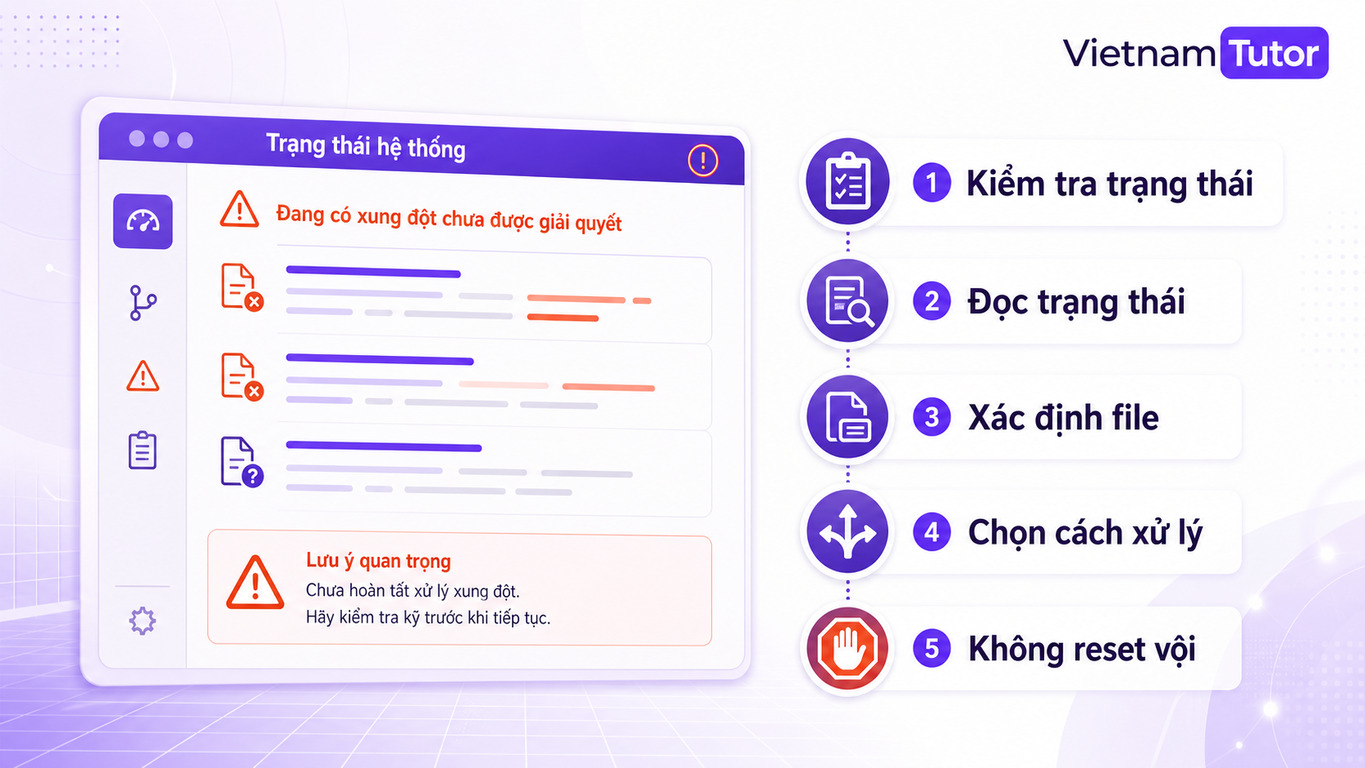 Kiểm tra git status trước khi xử lý git pull bị conflict