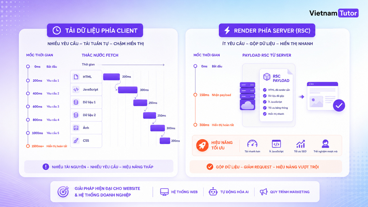 React Server Components performance giảm JavaScript và waterfall fetch