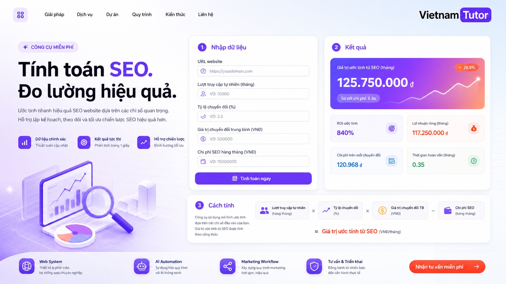 Landing page free tool với ô nhập liệu kết quả và hướng dẫn