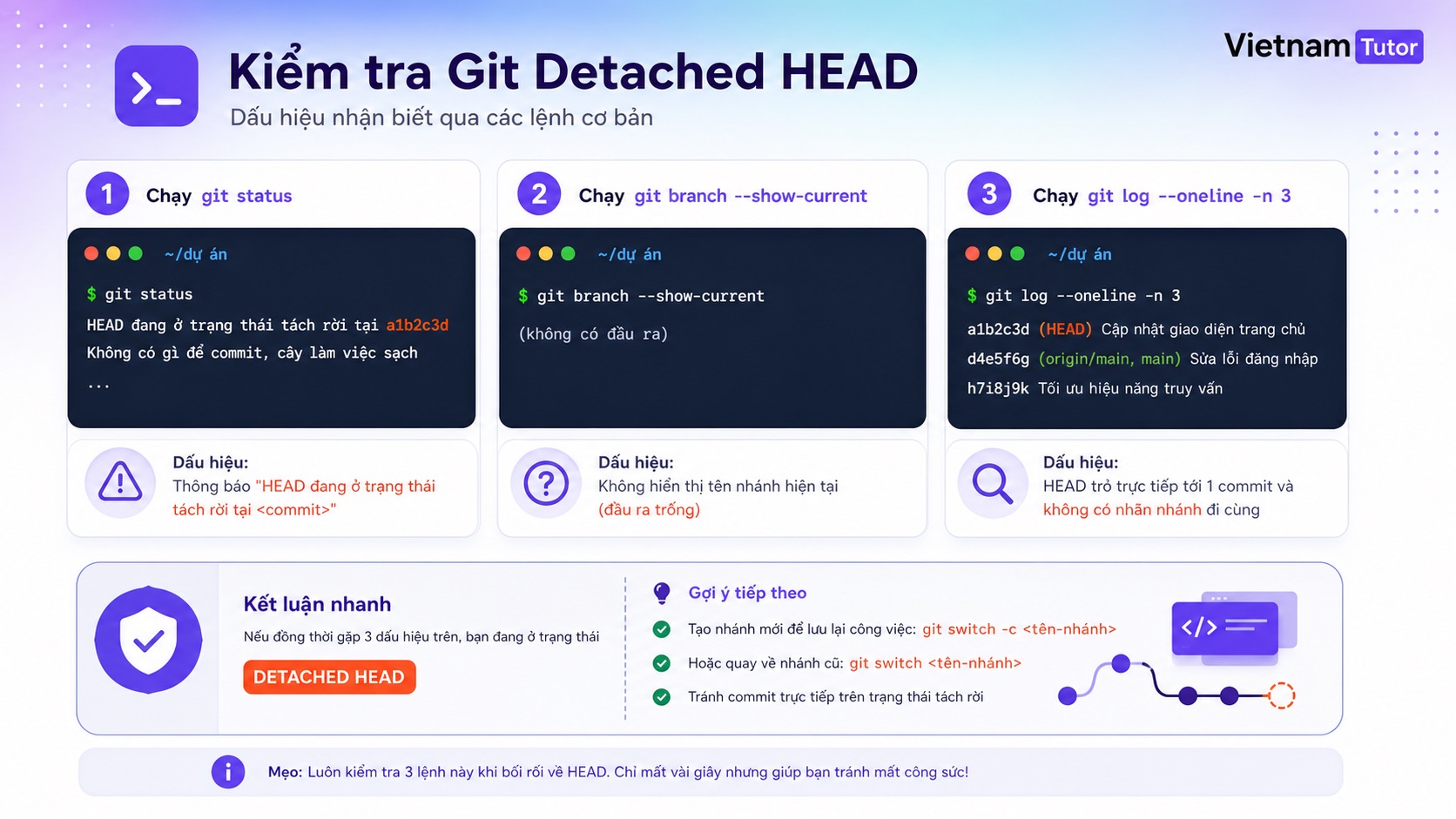 Dấu hiệu nhận biết detached HEAD trong Git status và branch
