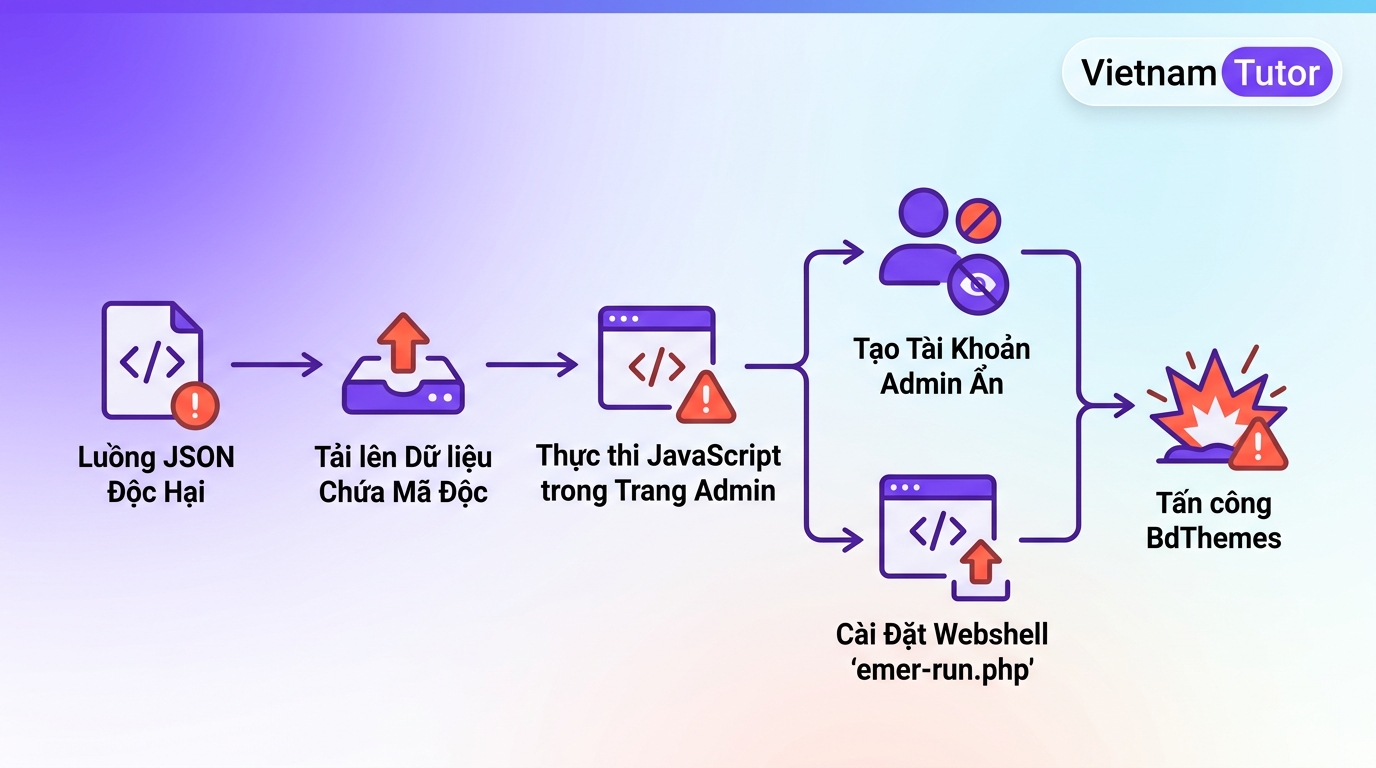 Quy trình khai thác XSS tạo admin giả cài webshell trong BdThemes supply chain attack