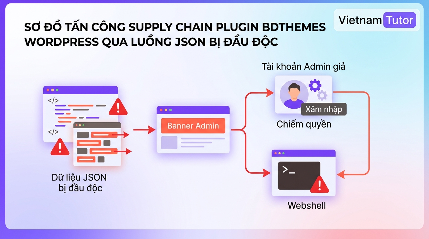 Sơ đồ BdThemes supply chain attack trên plugin WordPress qua luồng JSON bị đầu độc