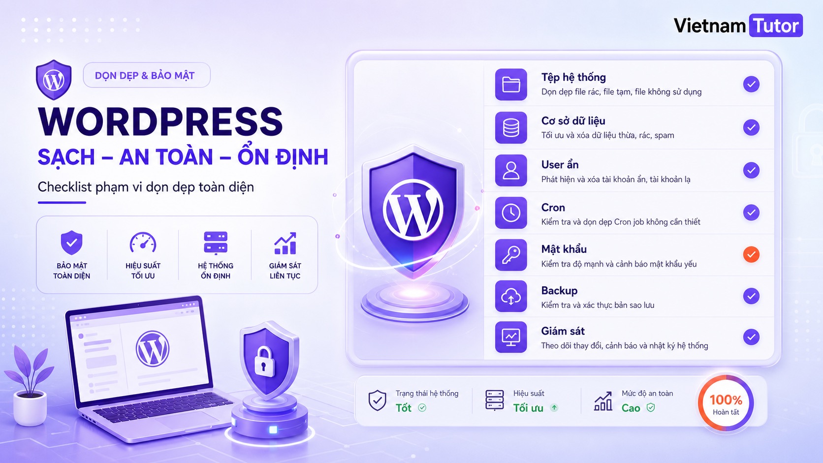 Phạm vi làm sạch backdoor WordPress gồm file database user cron và credential