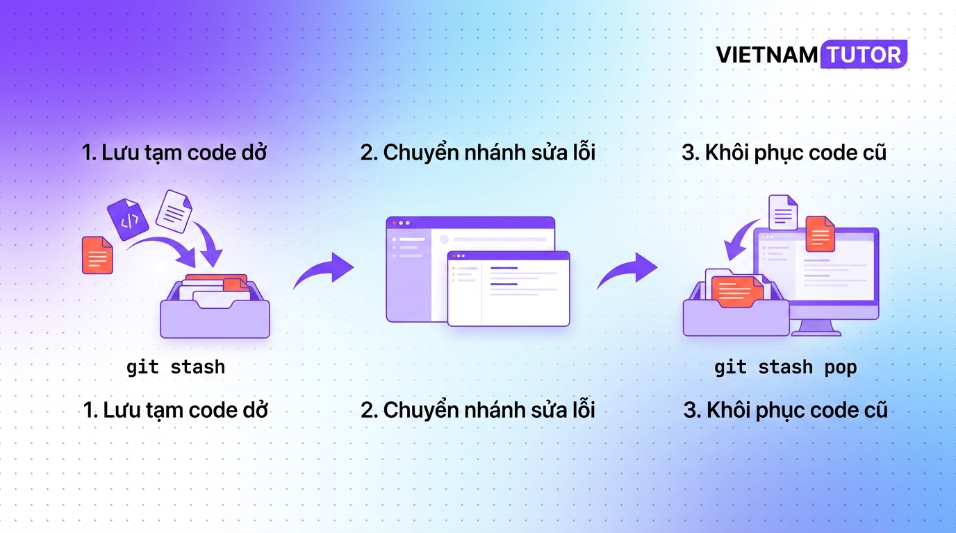 Quy trình git stash save và pop cơ bản