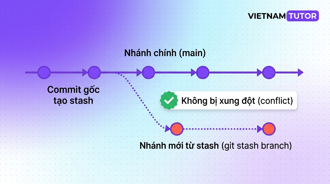 Git stash branch giải quyết conflict