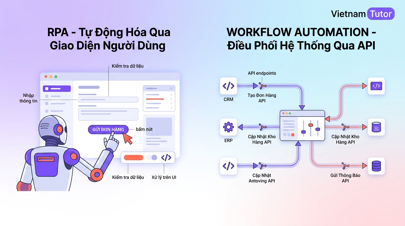Hero so sánh RPA vs workflow automation; robot RPA bấm nút trên giao diện, workflow kết nối hệ thống qua API