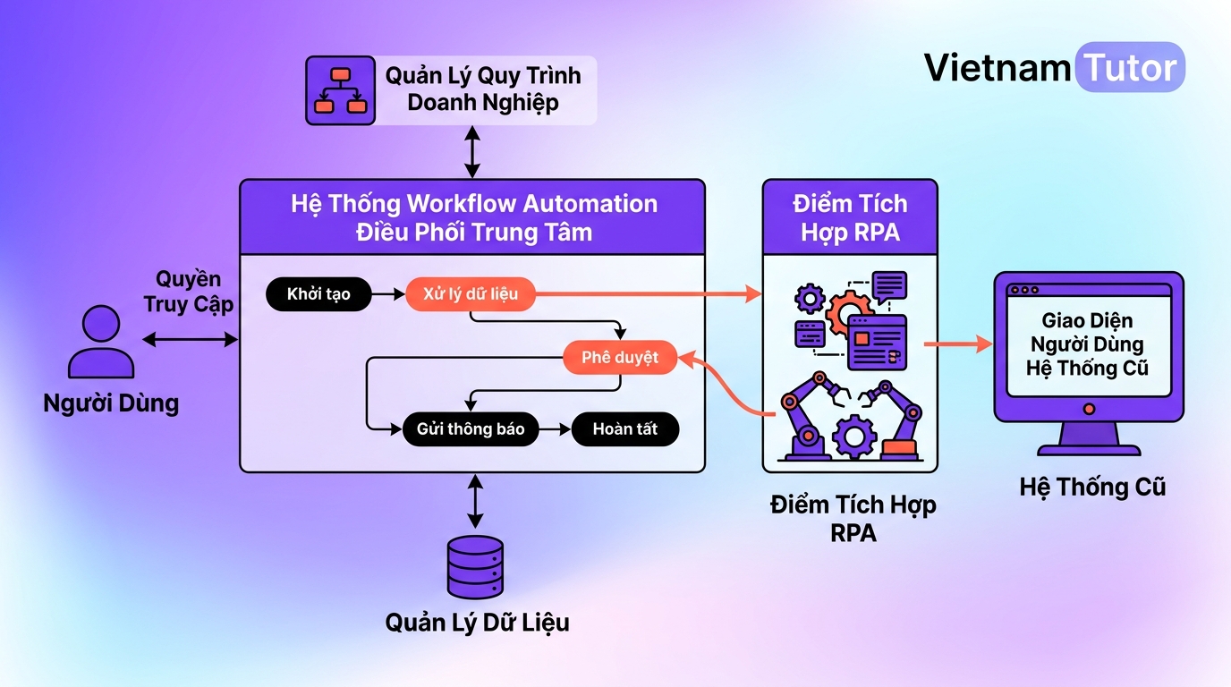Kiến trúc kết hợp RPA vs workflow automation: workflow điều phối trung tâm, RPA xử lý hệ thống cũ