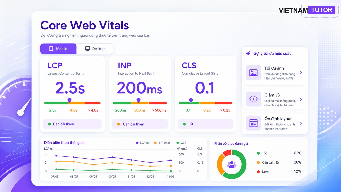 Dashboard Core Web Vitals LCP INP CLS cho developer