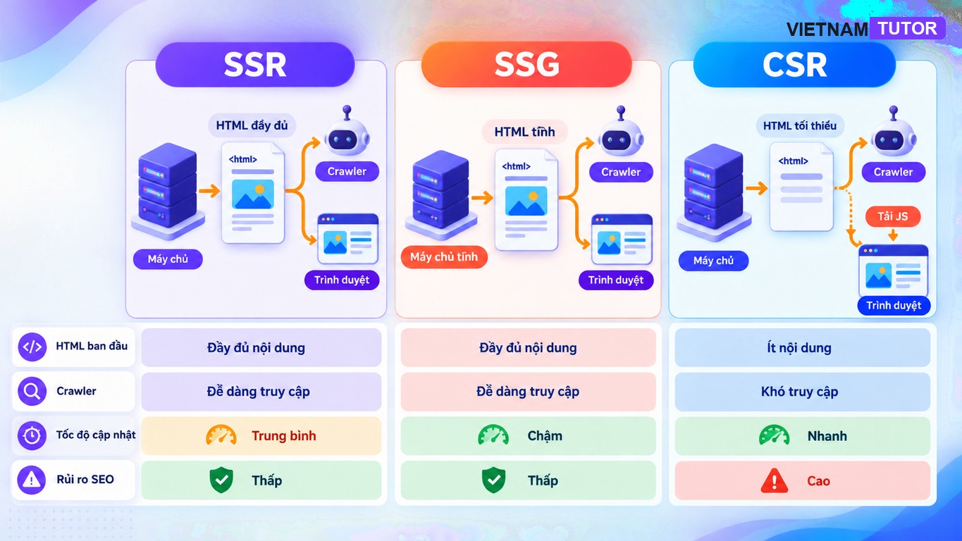 So sánh SSR SSG CSR trong JavaScript SEO