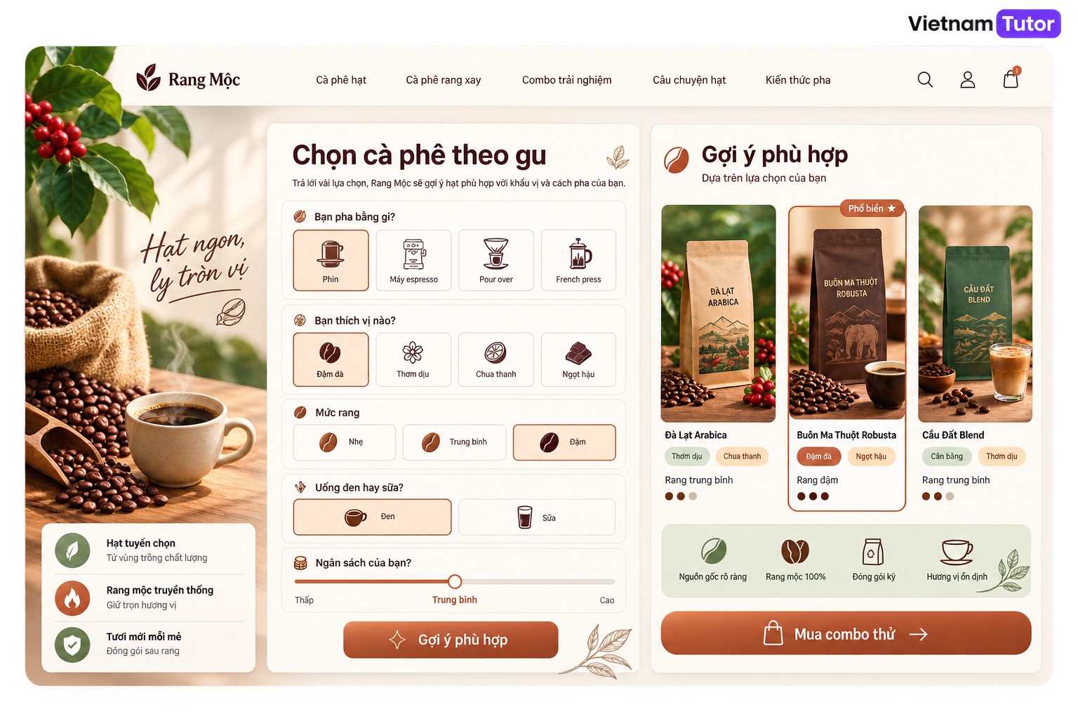 Mockup tính năng chọn gu khi thiết kế website bán cà phê đặc sản