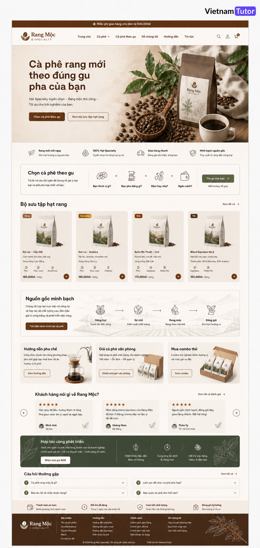 Mockup trang chủ khi thiết kế website bán cà phê đặc sản