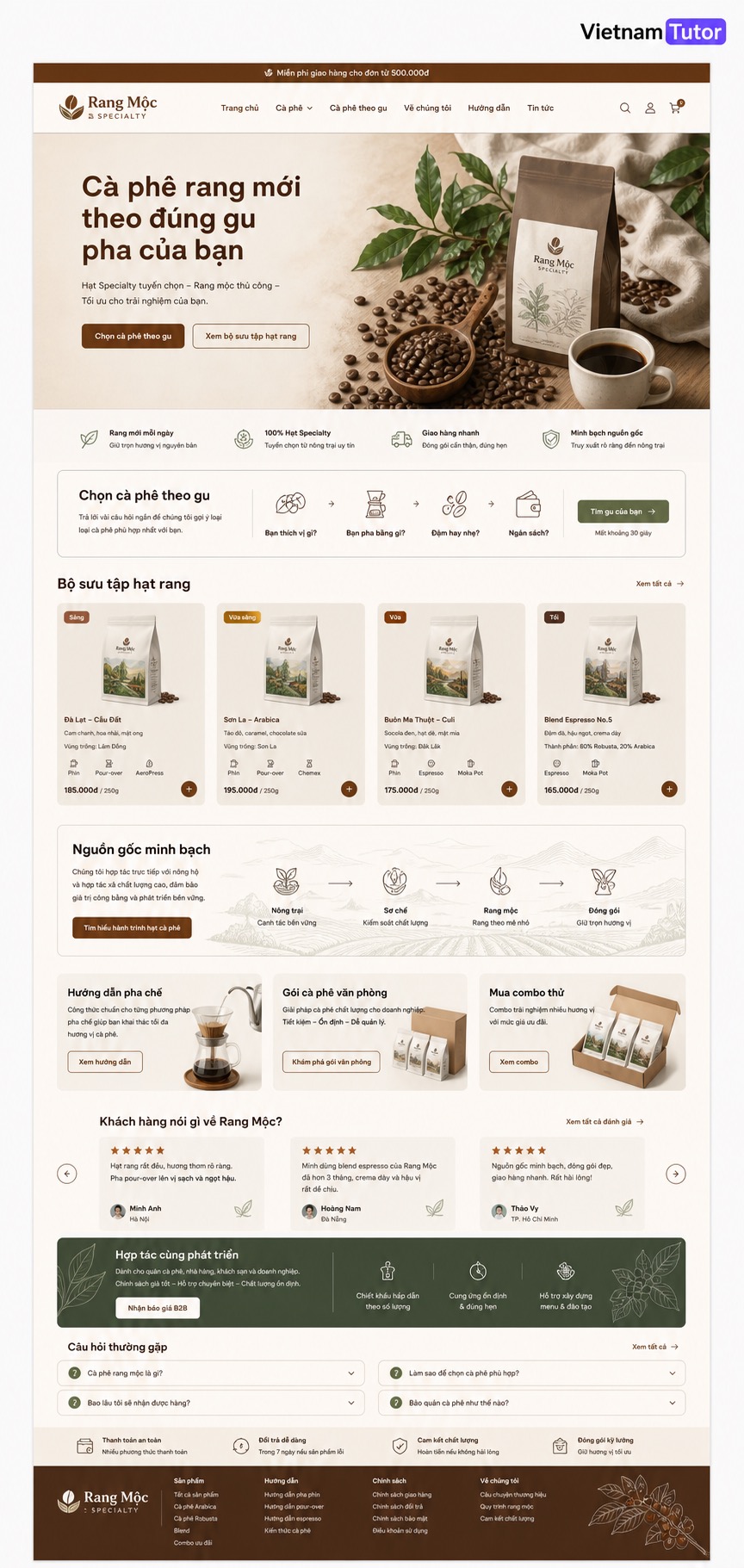 Mockup trang chủ khi thiết kế website bán cà phê đặc sản