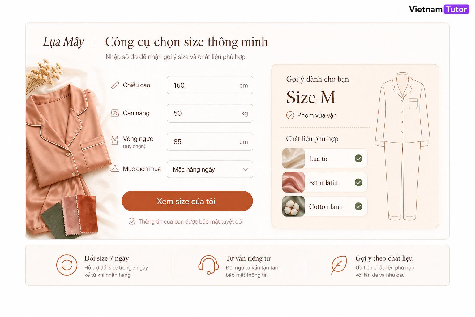 Mockup tính năng chọn size cho website bán đồ ngủ nữ