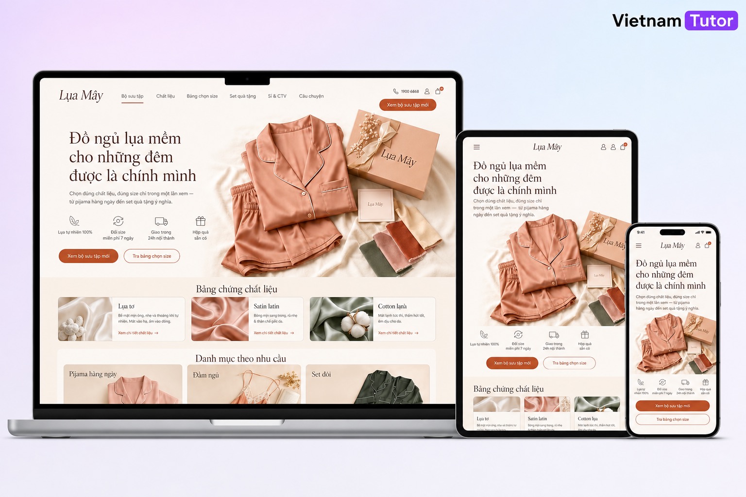 Thiết kế website bán đồ ngủ nữ với mockup desktop tablet mobile