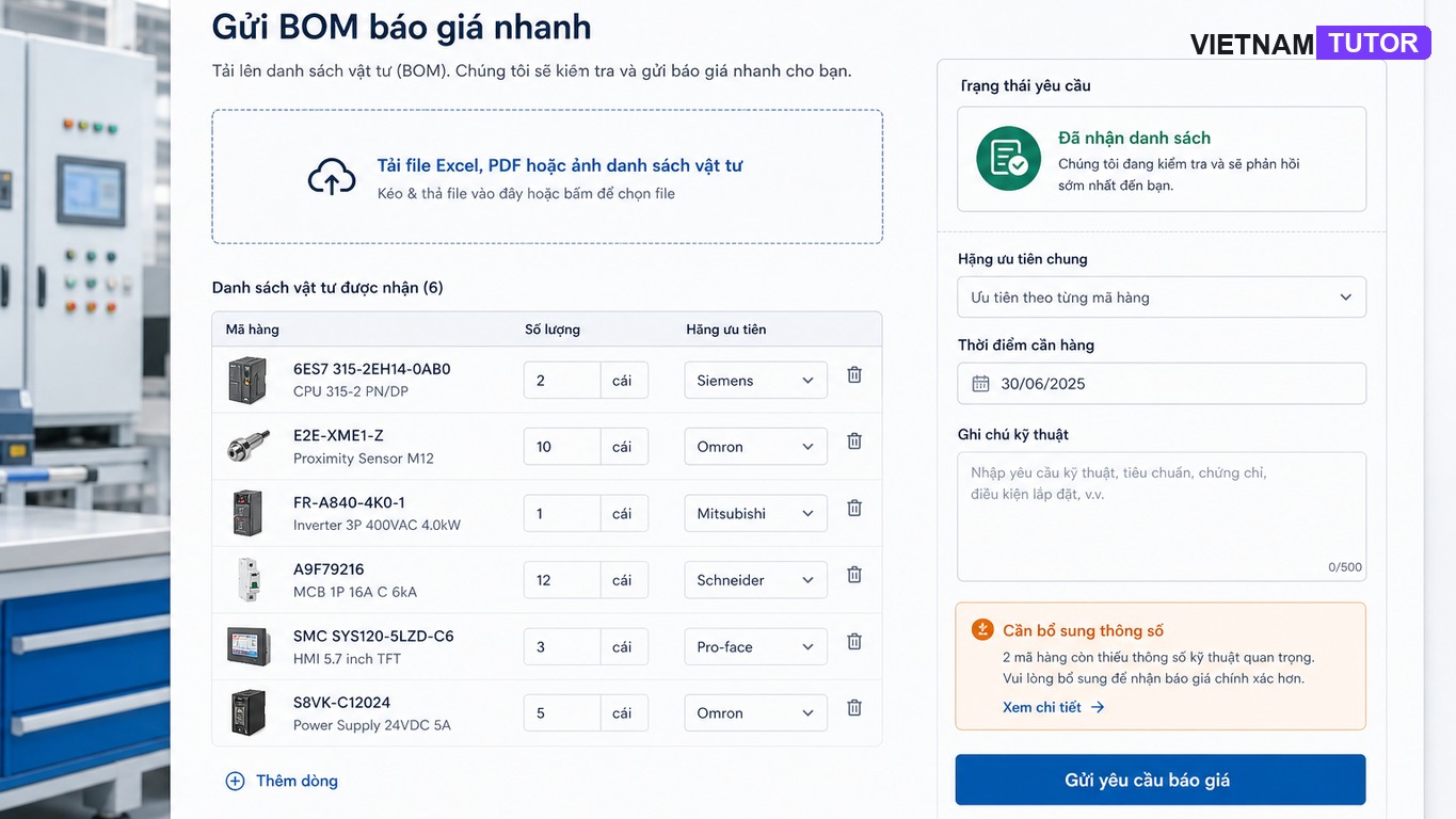 Mockup tính năng gửi BOM báo giá cho website bán thiết bị công nghiệp
