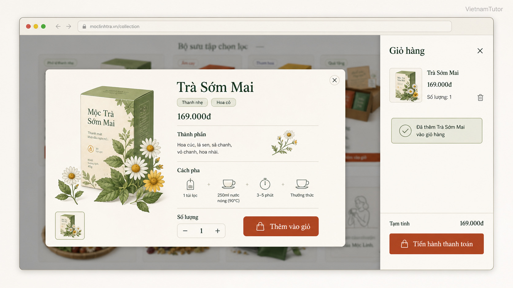 Mockup tính năng xem nhanh sản phẩm và giỏ hàng website Mộc Linh Trà
