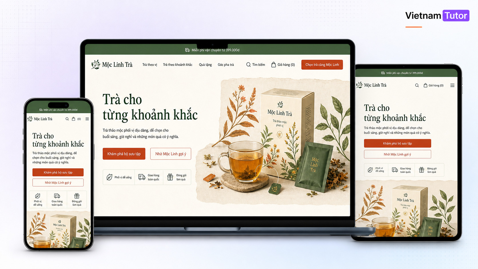 Thiết kế website bán trà thảo mộc Mộc Linh Trà trên desktop tablet mobile