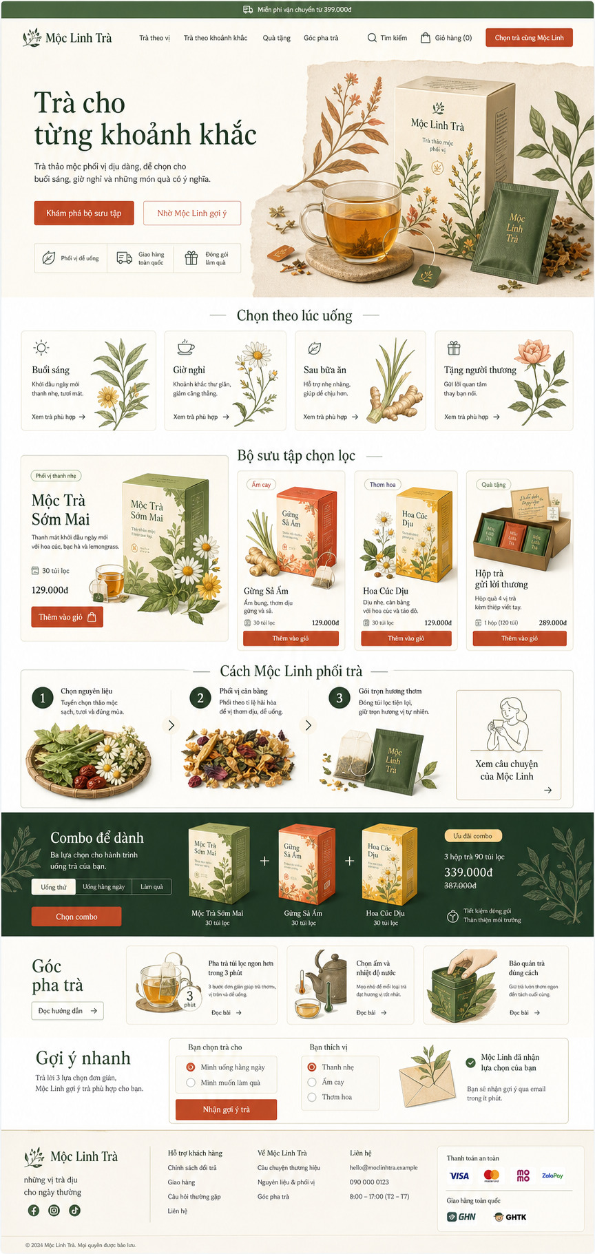 Homepage desktop cho website bán trà thảo mộc Mộc Linh Trà
