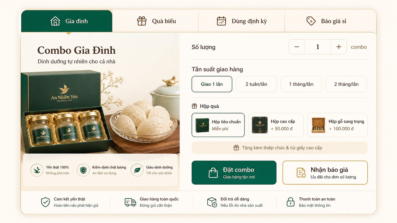 Mockup tính năng chọn combo và báo giá trên website bán yến sào