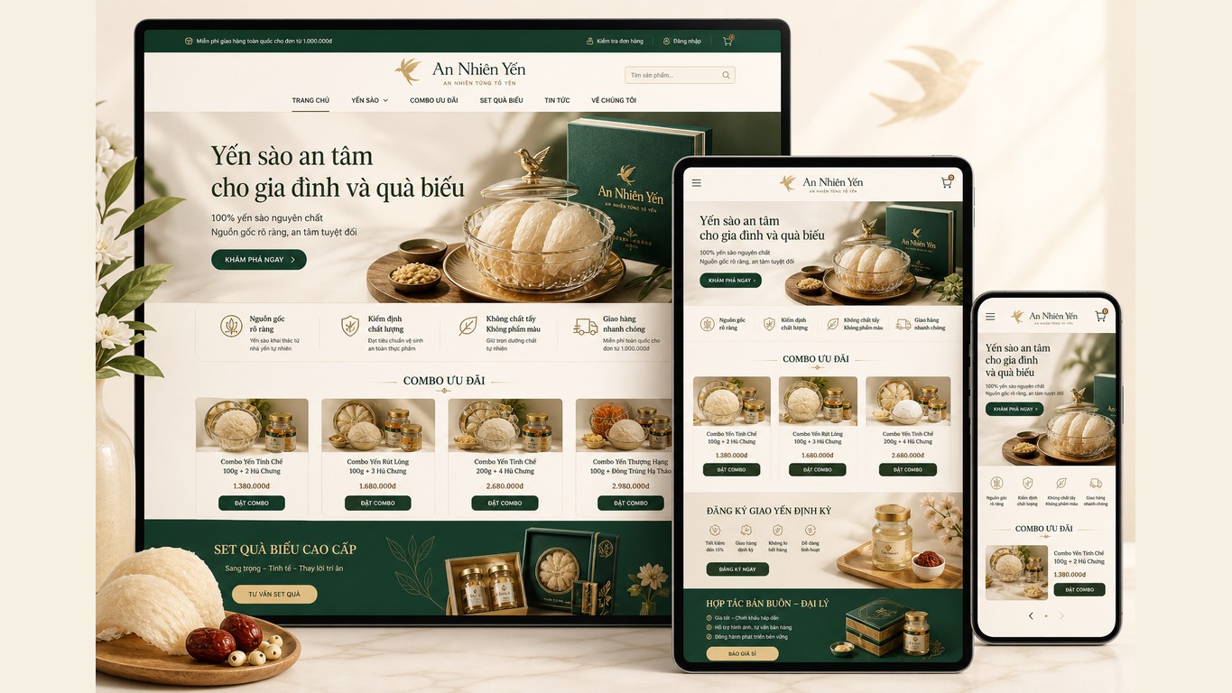 Thiết kế website bán yến sào với mockup desktop tablet mobile