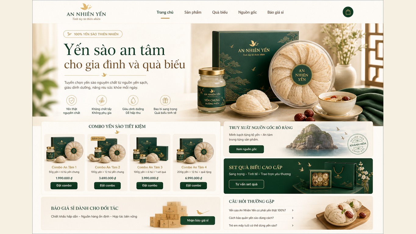 Mockup trang chủ website bán yến sào với hero combo và bằng chứng tin cậy