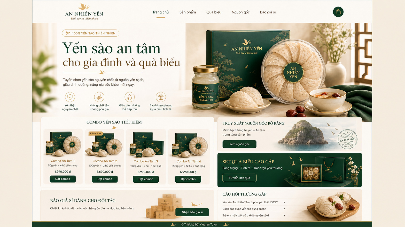 Mockup trang chủ website bán yến sào với hero combo và bằng chứng tin cậy