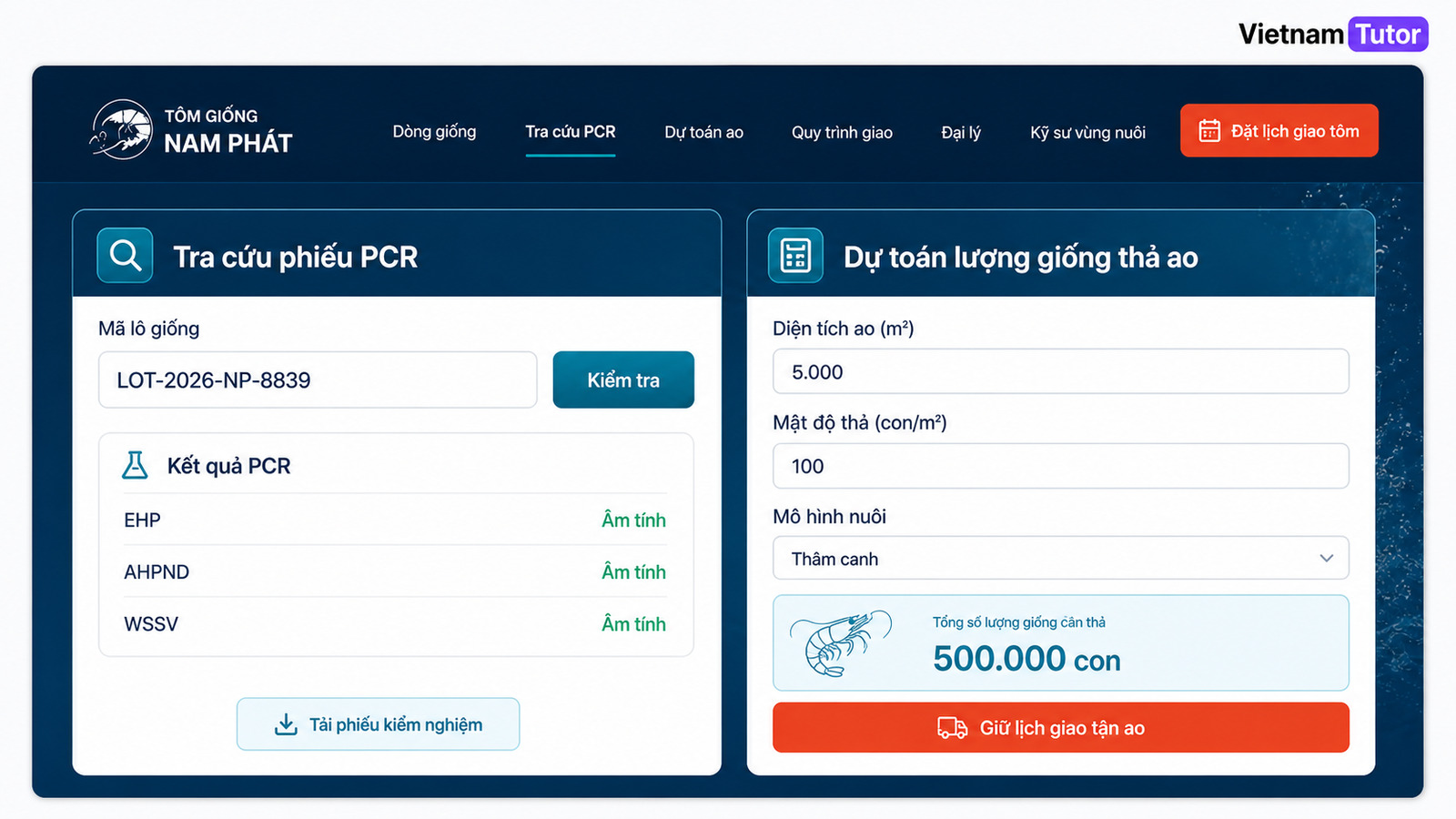 Mockup tính năng tra cứu phiếu PCR và dự toán lượng giống thả ao