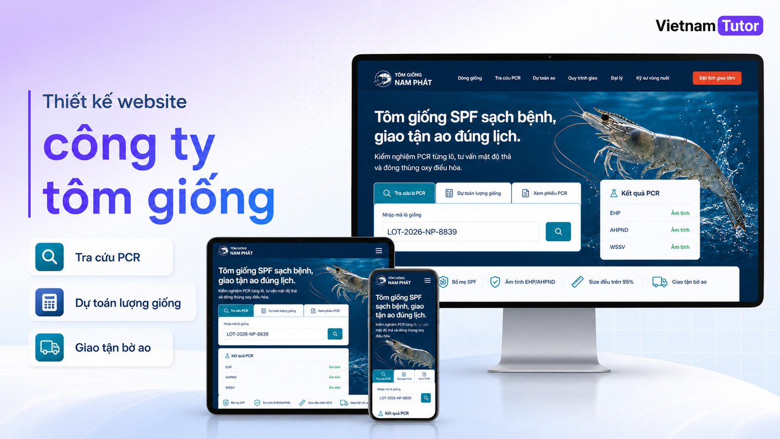 Thiết kế website công ty bán tôm giống với mockup Nam Phát trên desktop tablet mobile