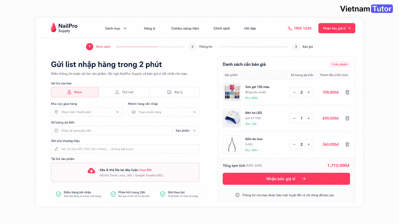 Mockup tính năng báo giá sỉ cho website vật tư Nail