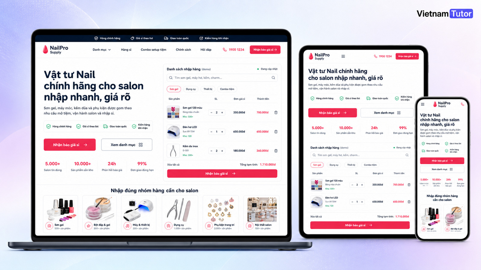 Thiết kế website công ty cung ứng vật tư ngành Nail trên desktop tablet mobile
