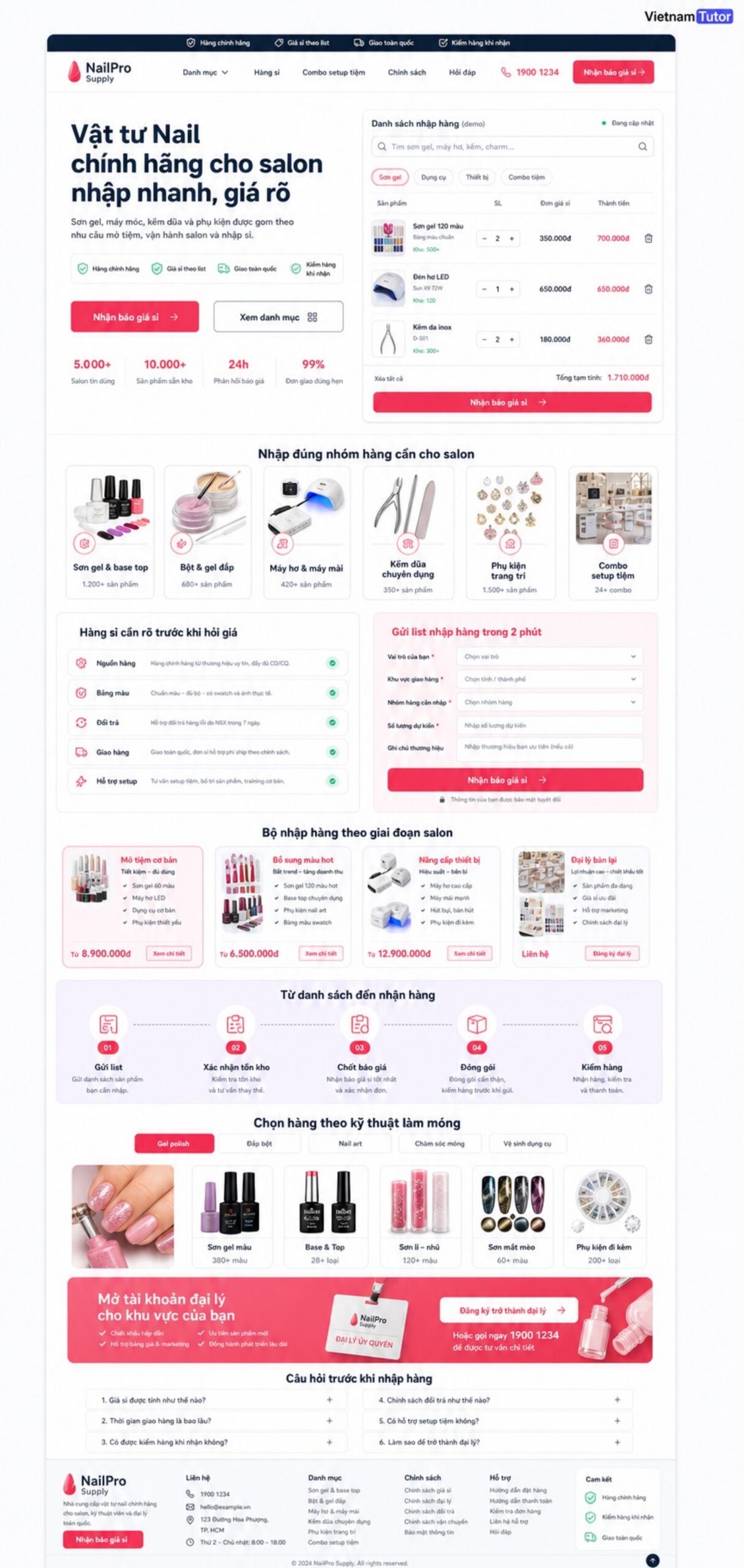 Mockup trang chủ website công ty cung ứng vật tư ngành Nail