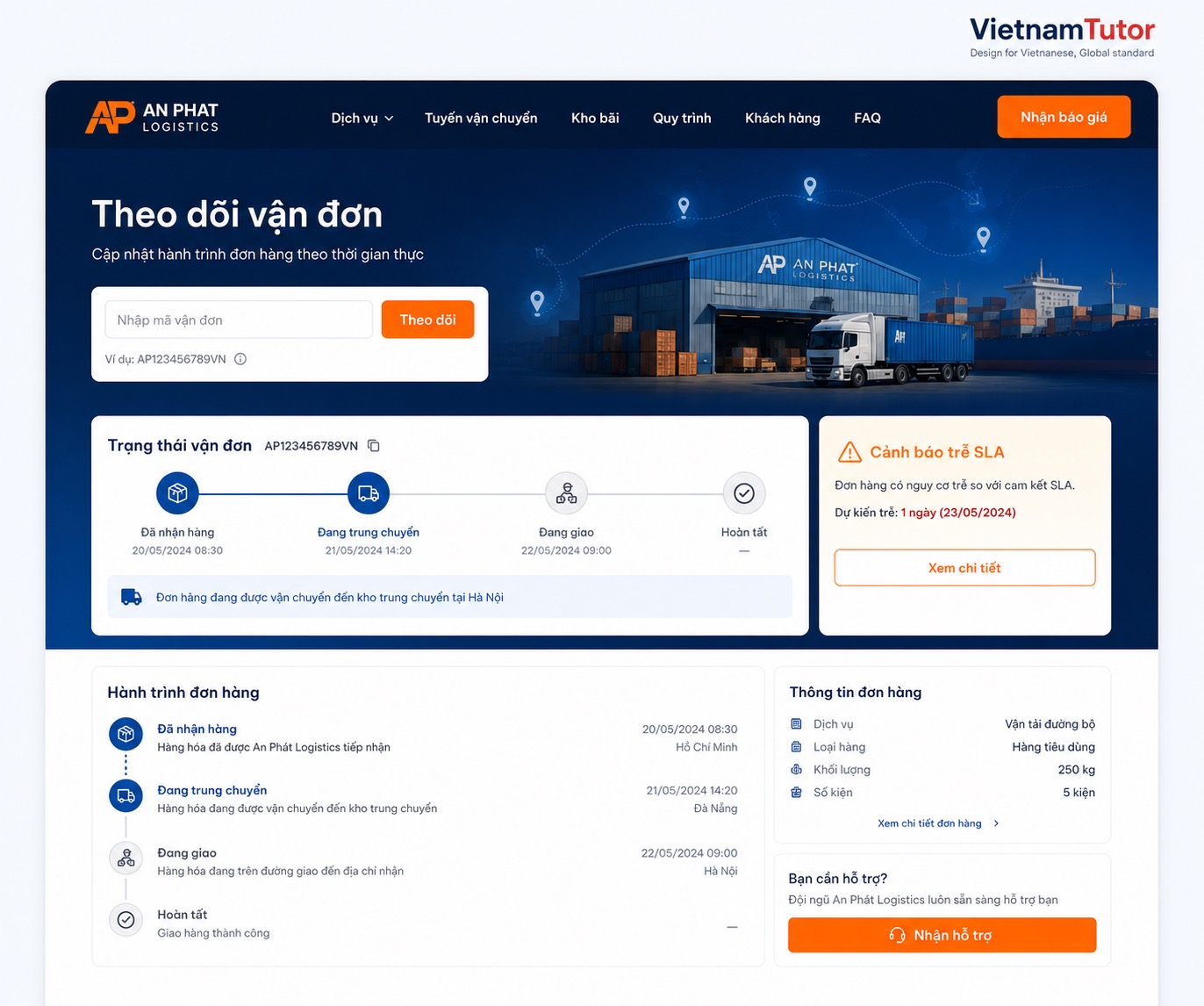 Mockup tính năng tracking lô hàng trên website công ty logistics